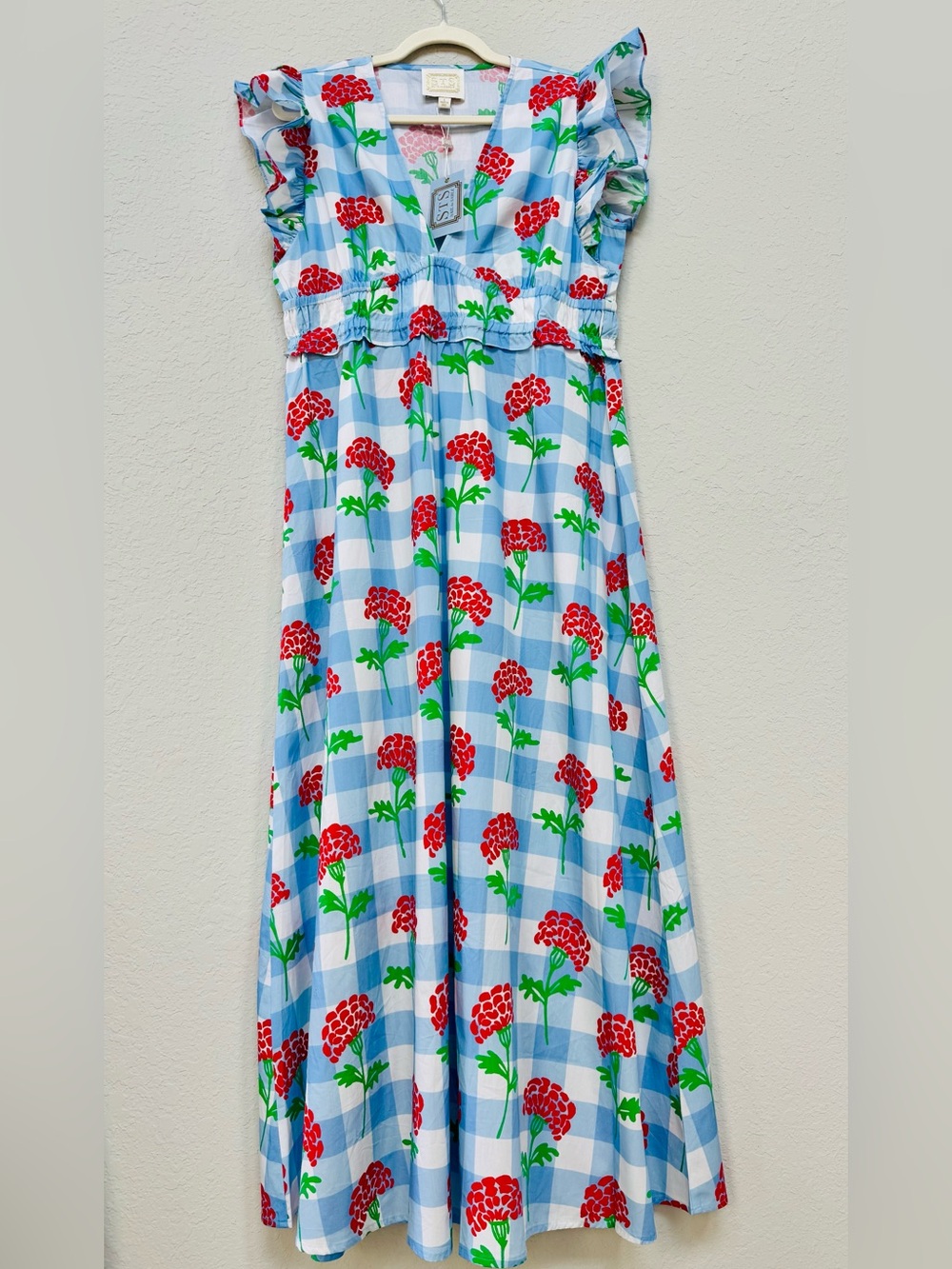 Sail to Sable NWT Size L Blue Gingham Red Hydrangea Cotton Midi Dress